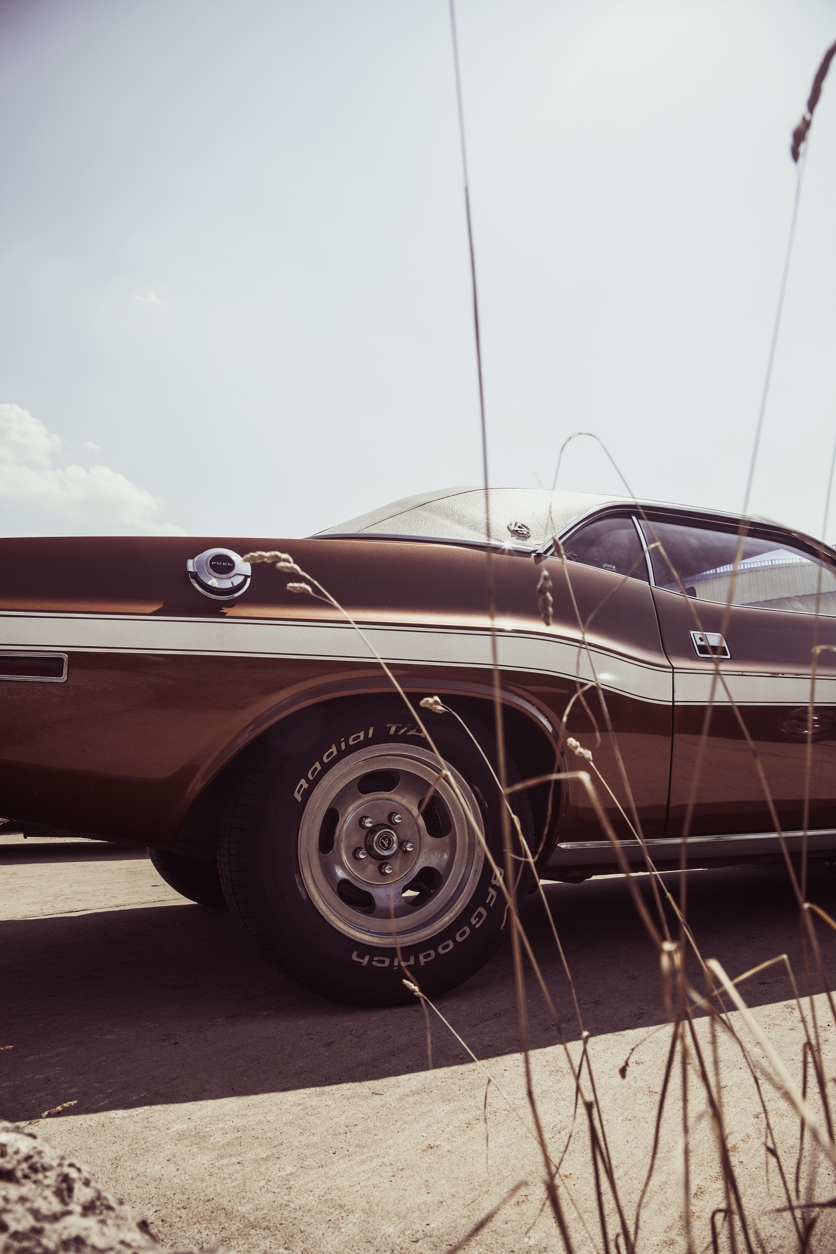 silhouette photography of white and brown muscle car during daytime