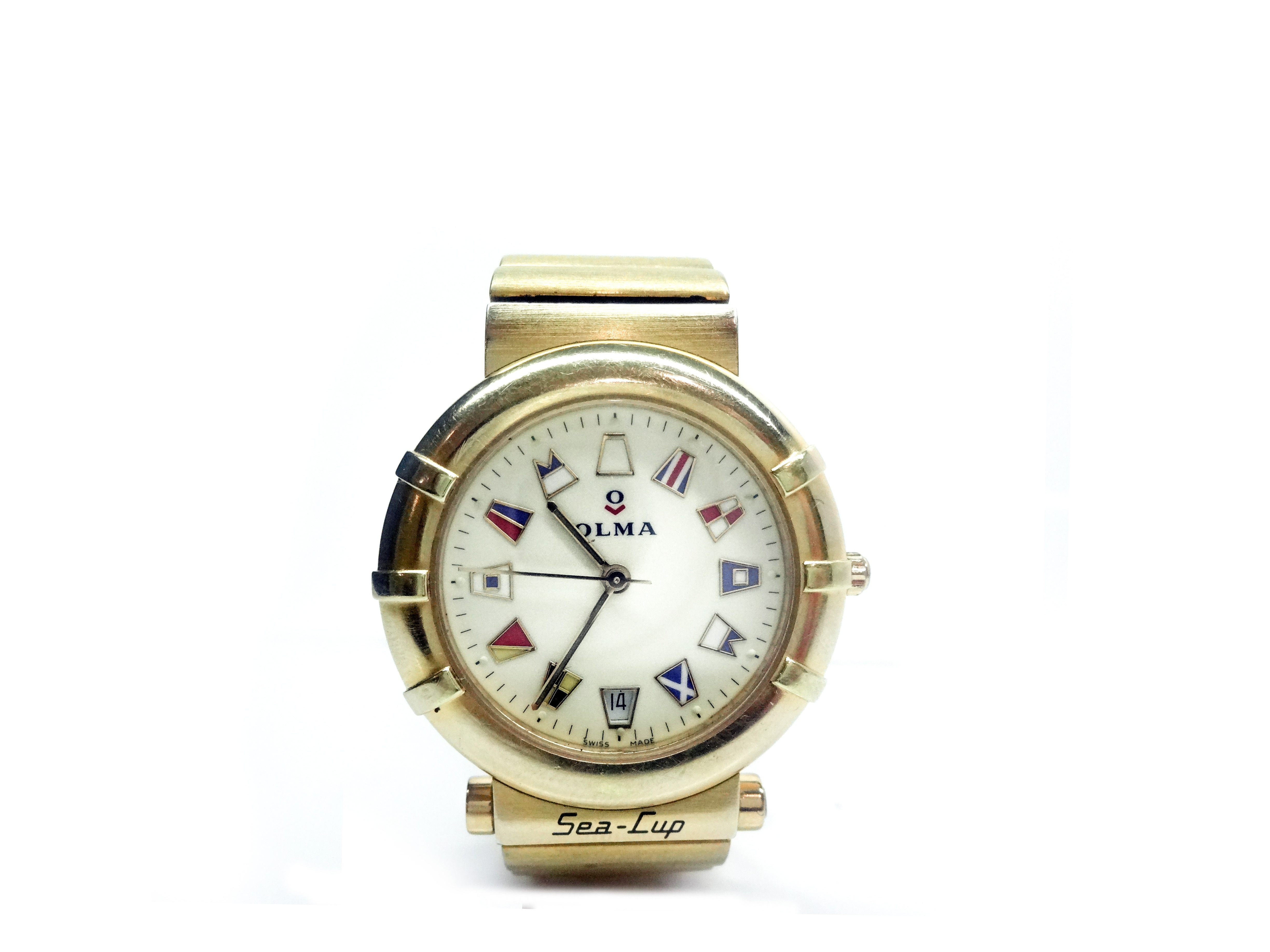 gold chain link white face olma analog watch