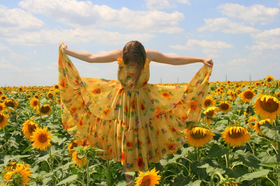 women  wearing   sunflower printed  dress standing in sunflower under cloudy weather during daytime preview