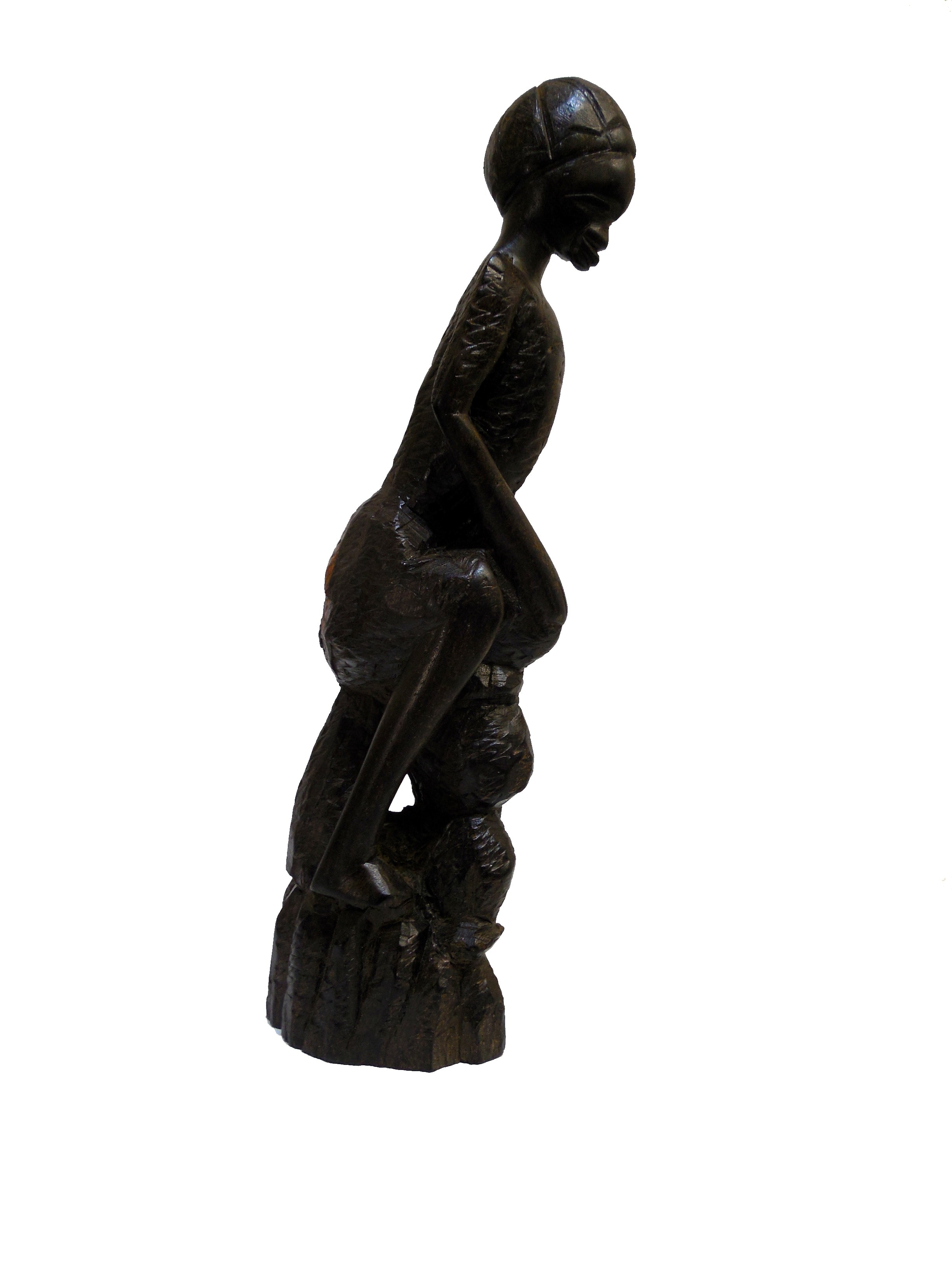 woman sitting black wooden carved decor