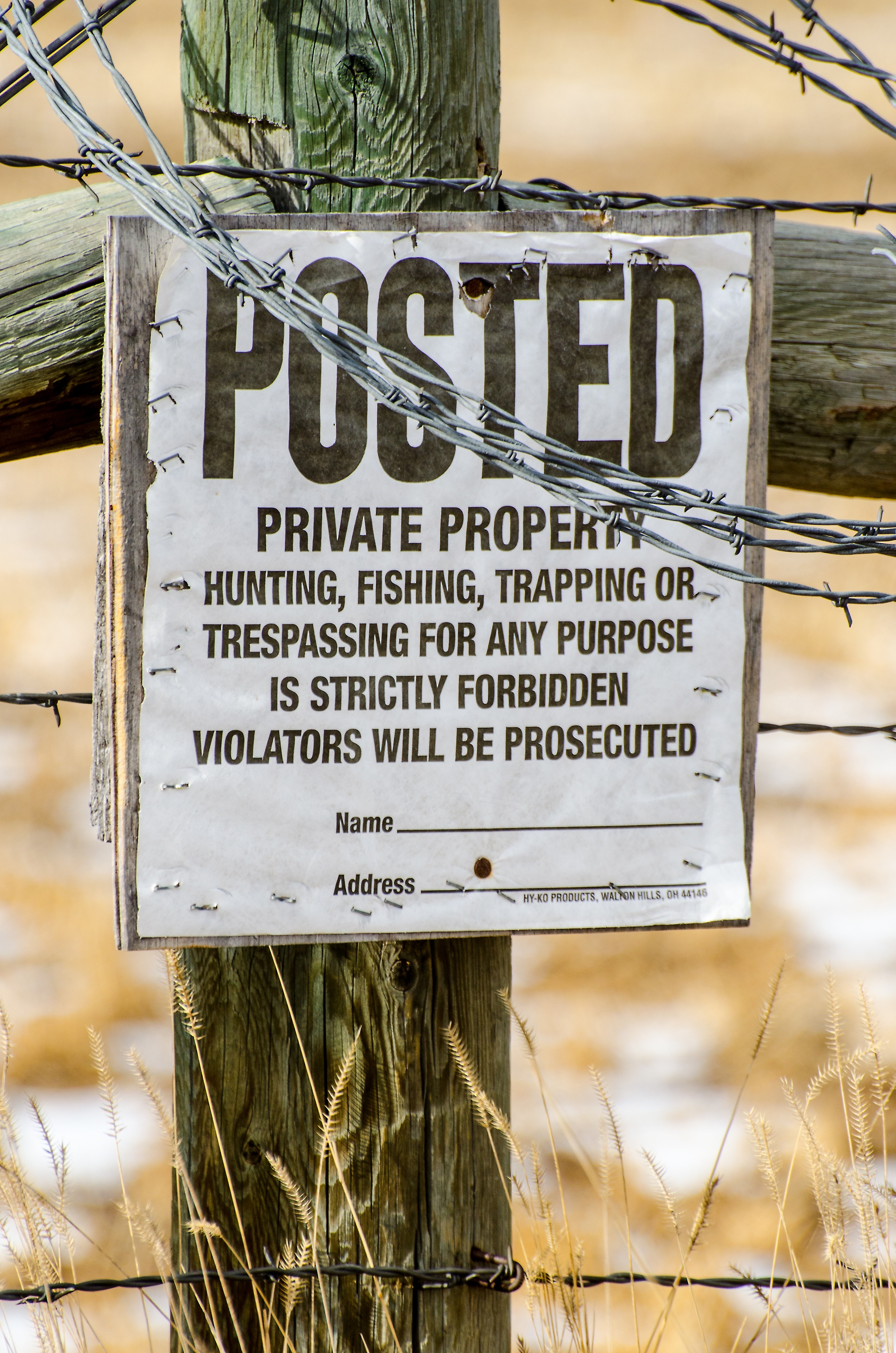 Private Property, Posted, No Hunting, text, western script