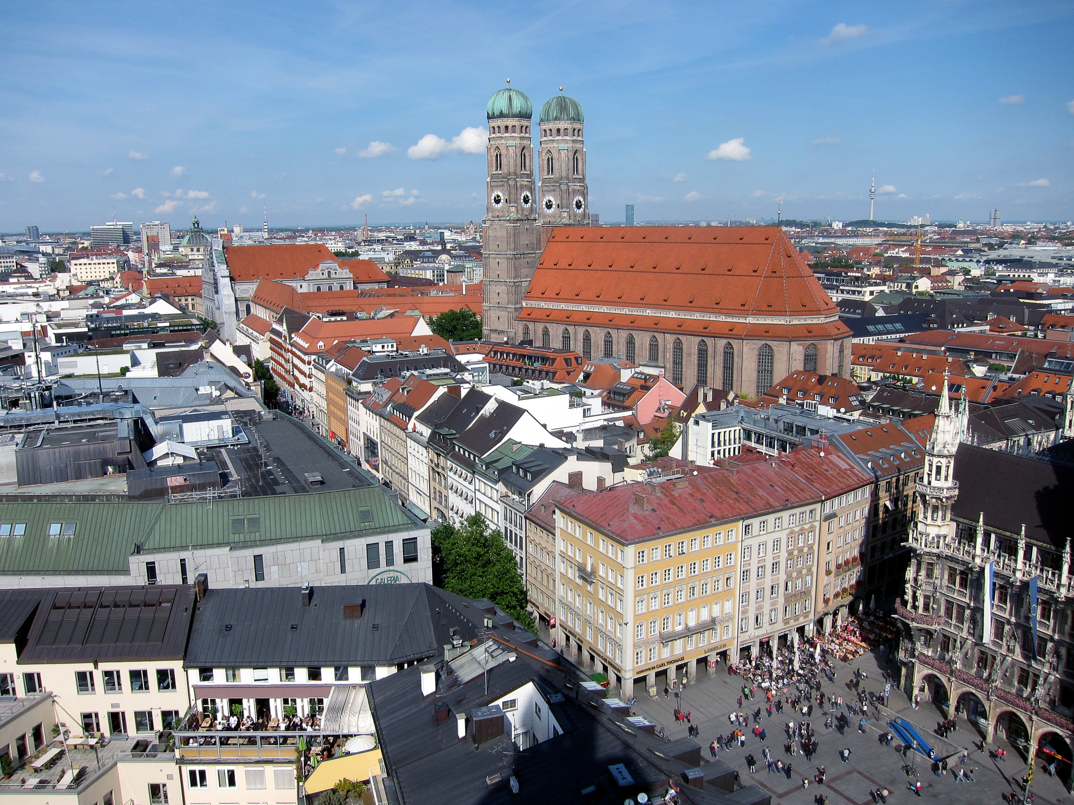 Marienplatz, Frauenkirche, Munich, building exterior, high angle view