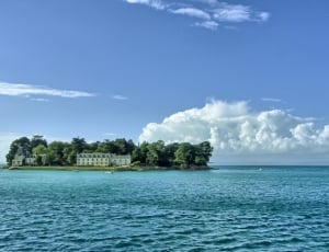 white house on green tree island during daytime thumbnail