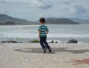 boy in green and white stripe shirt on seashore near body of water during daytime thumbnail