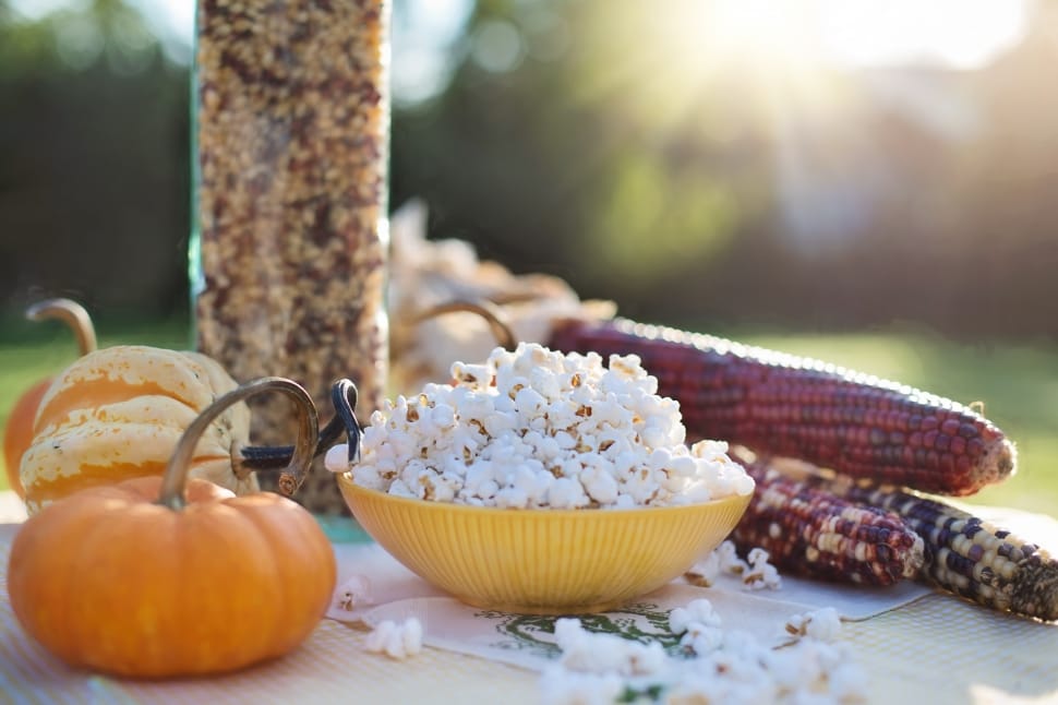 popcorns in a  bowl and pumpkins preview