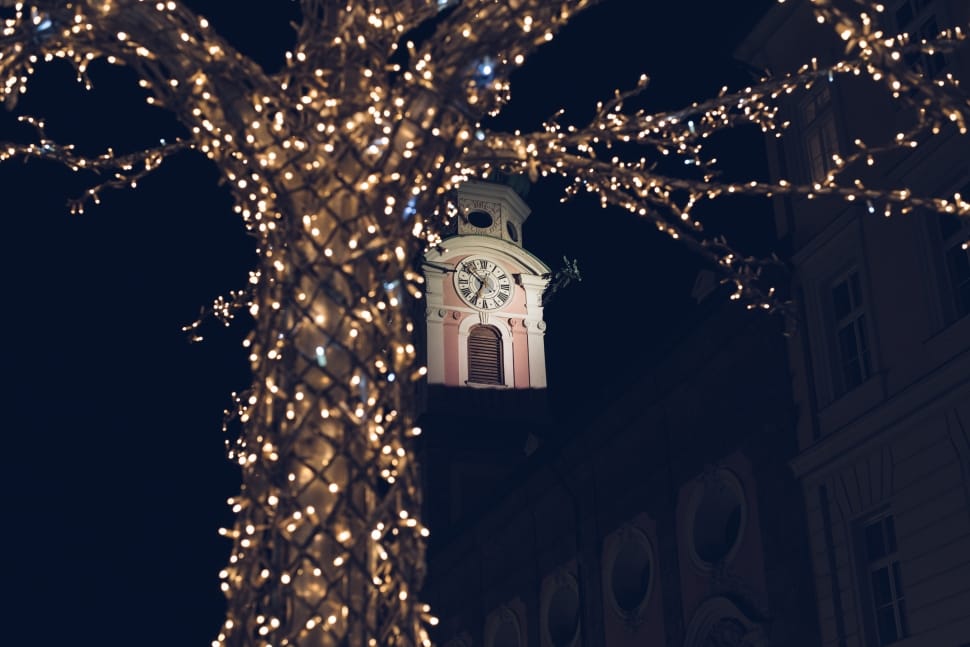 photo of tree with string lights near white clock tower preview
