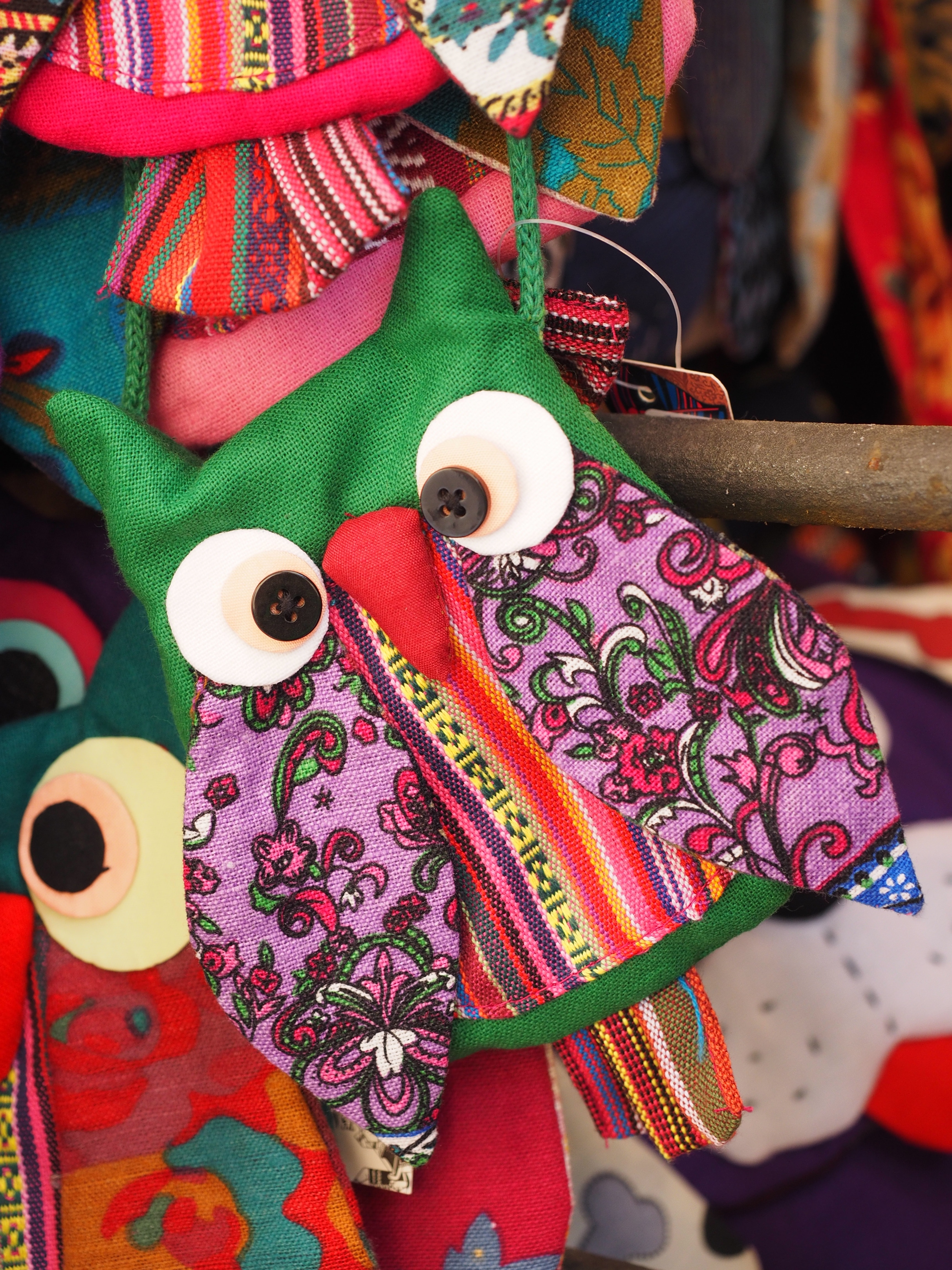 pink green and red owl bag