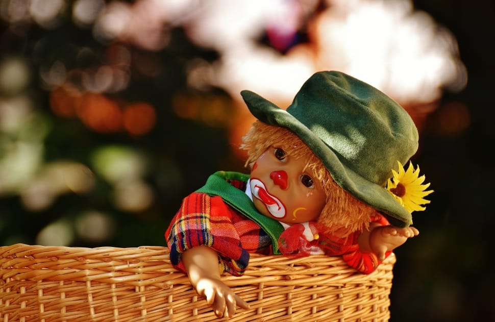 clown doll in wicker basket in close up photography preview