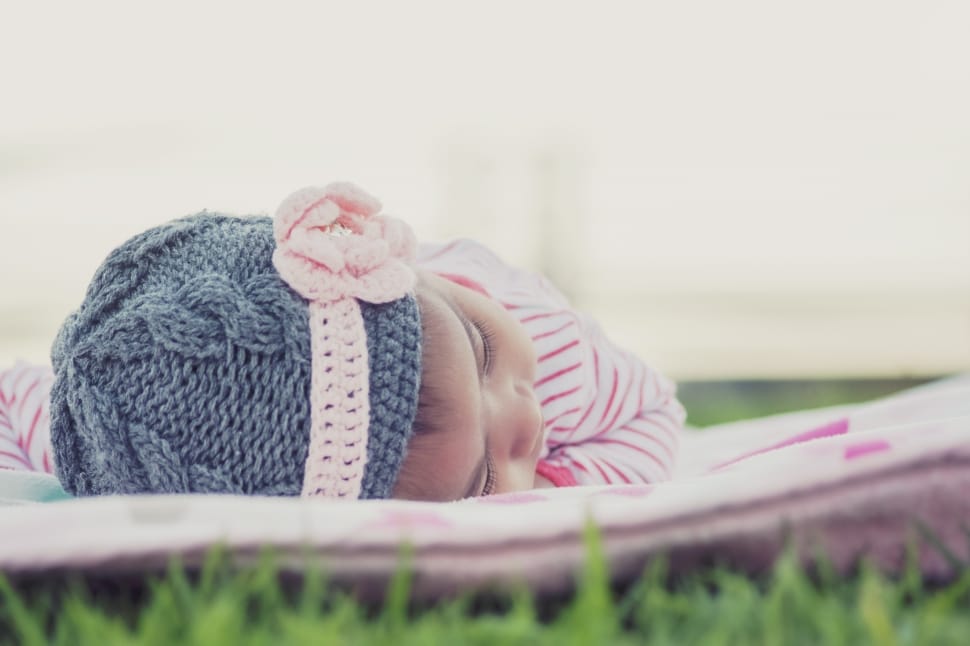 baby's gray knit cap and pink flower accent knit headband preview
