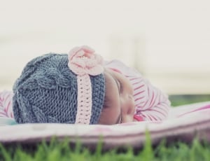 baby's gray knit cap and pink flower accent knit headband thumbnail