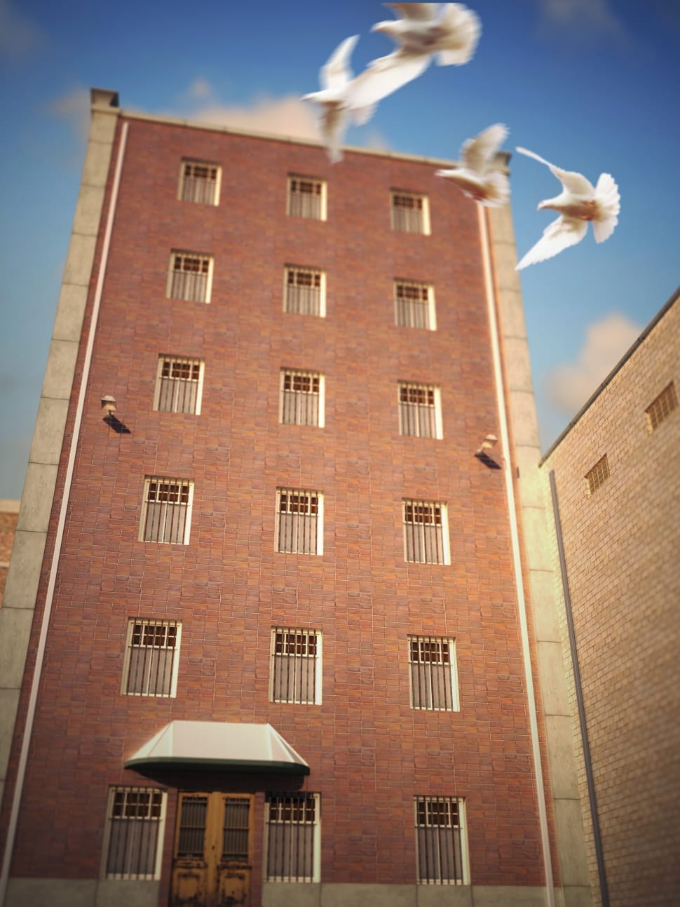 four white pigeons flying near medium rise building preview