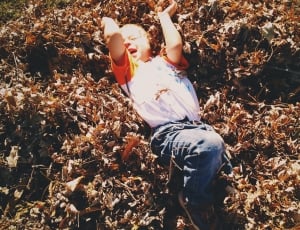 boy in white and orange shirt and blue jeans laying on leafy ground thumbnail