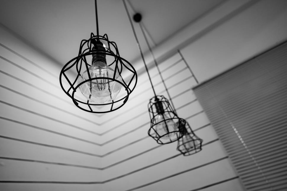 black and white, light, lamp, interior, low angle view, hanging preview