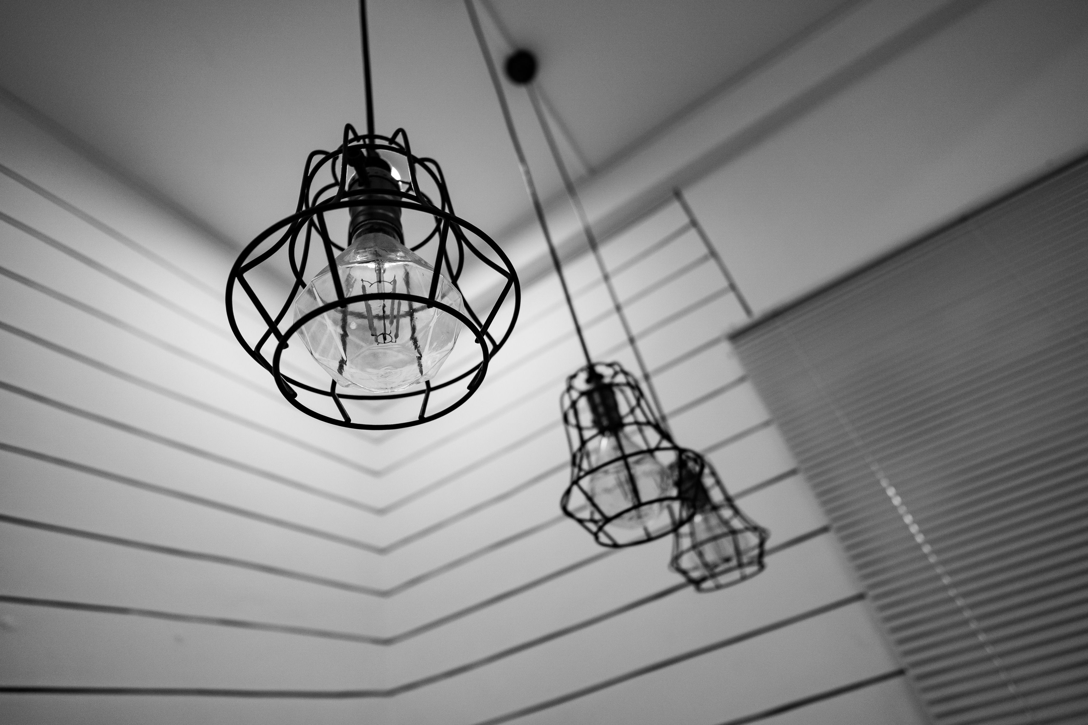 black and white, light, lamp, interior, low angle view, hanging