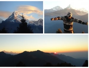 man taking a photo with the sun; snow-covered mountain; man with arms wide open thumbnail