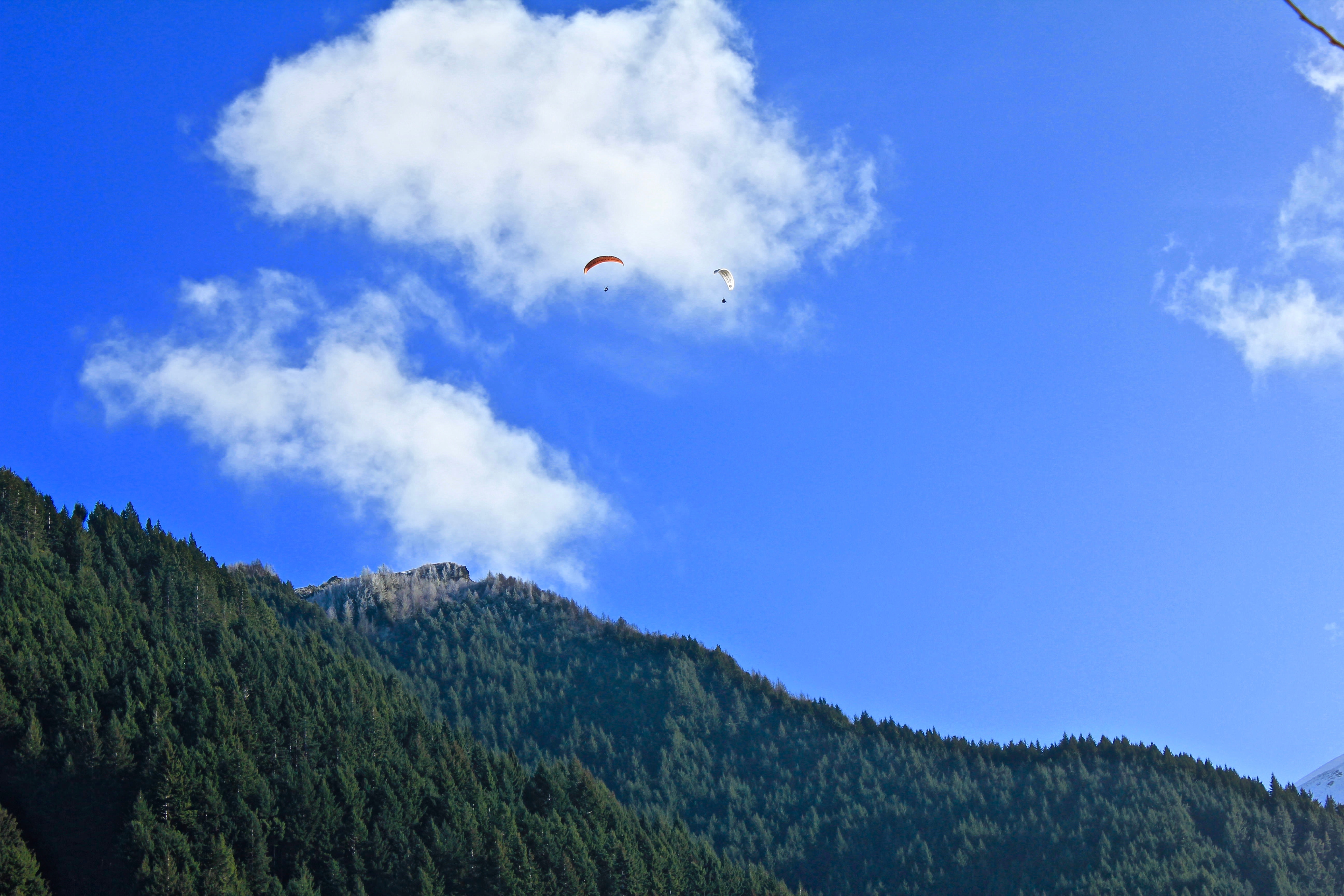 2 person doing paragliding above green trees of mountains under white cloudy blue sky during daytime