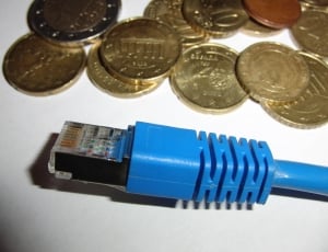blue ethernet cable near coins thumbnail