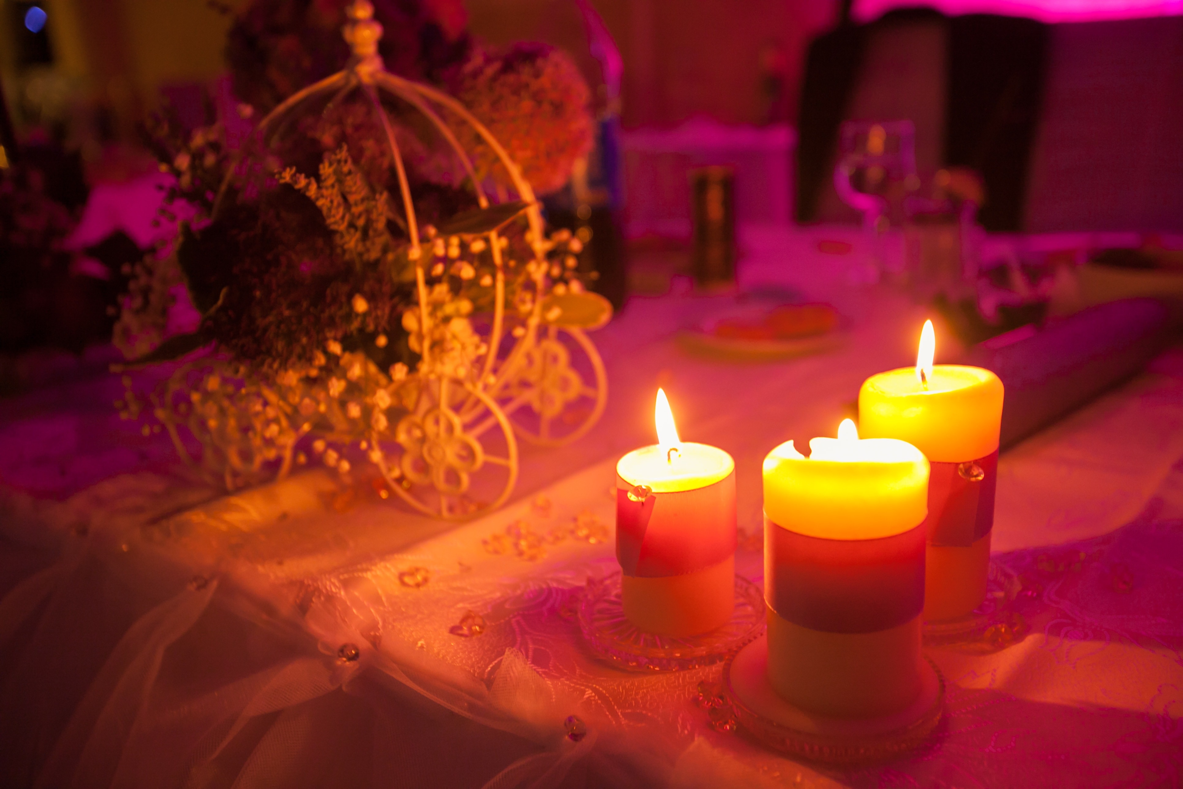 table, setup, cloth, flower, candle, flame