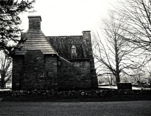 grayscale of house beside trees thumbnail