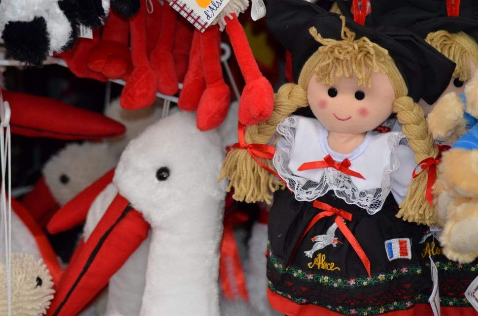 close up photo of white and red duck plush toy and rag doll in black dress preview