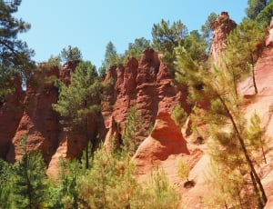 rock formation with green tall trees during daytime thumbnail