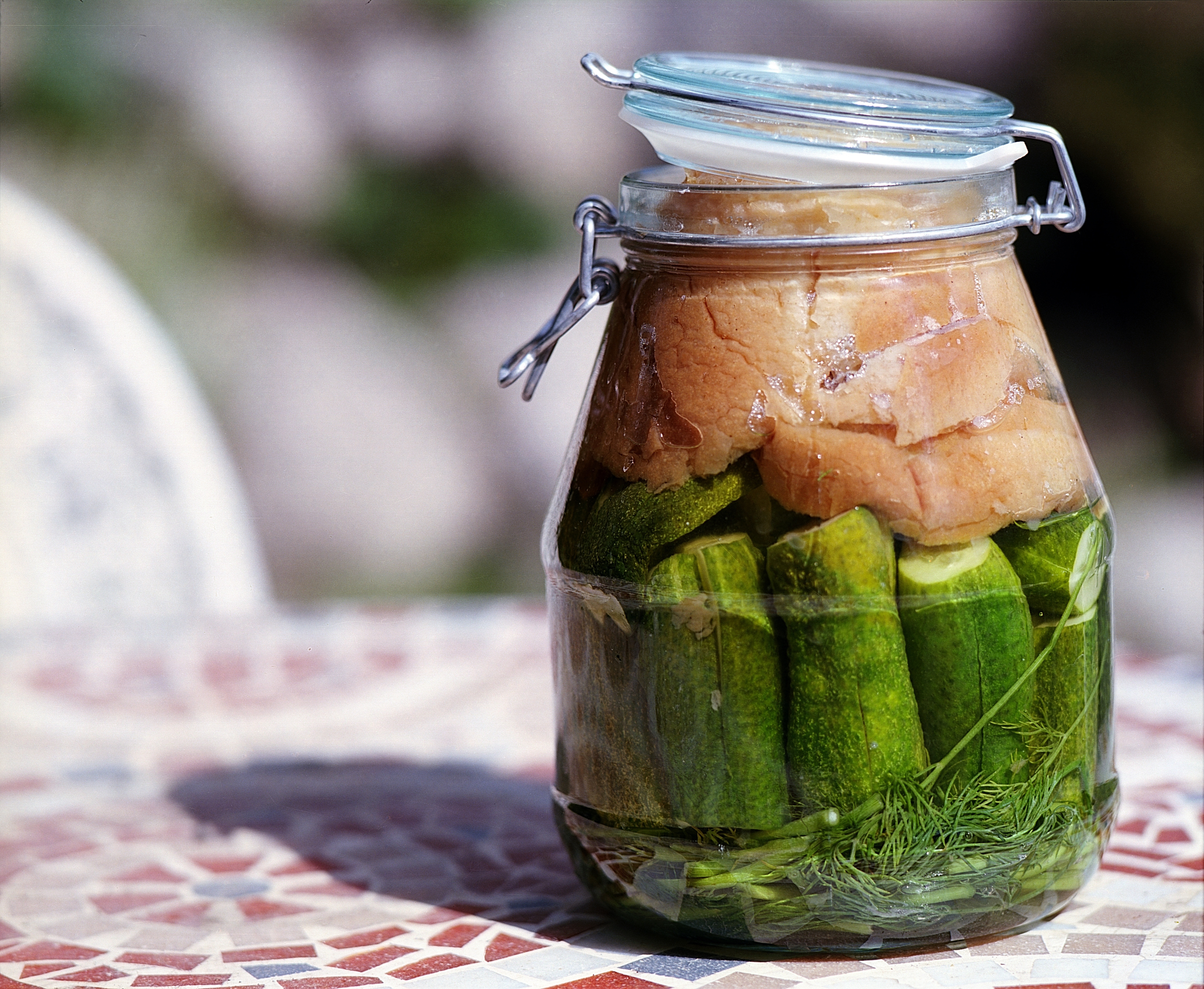 preserved cucumber and meat in a canister