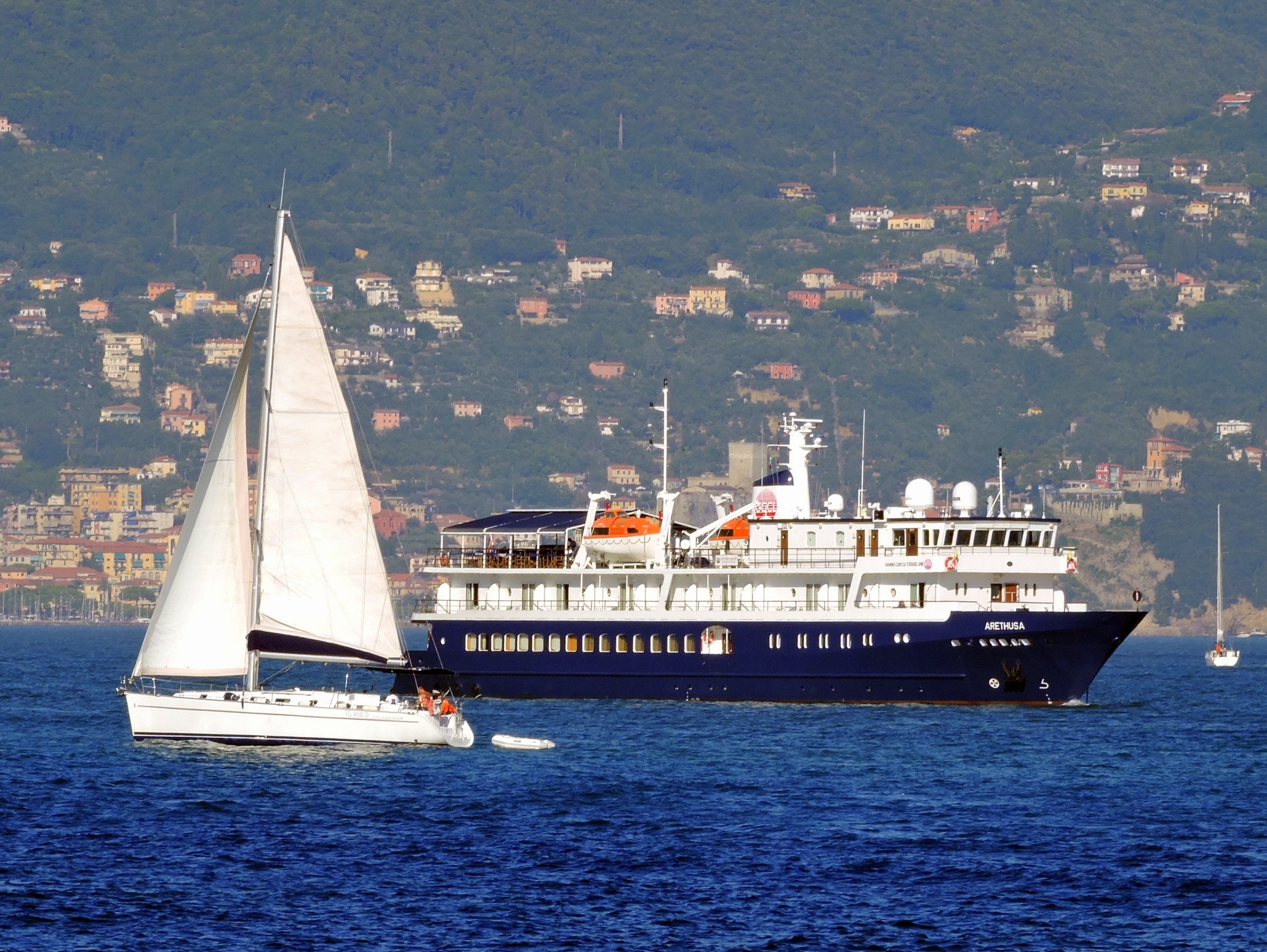white blue cruise ship and sail boat