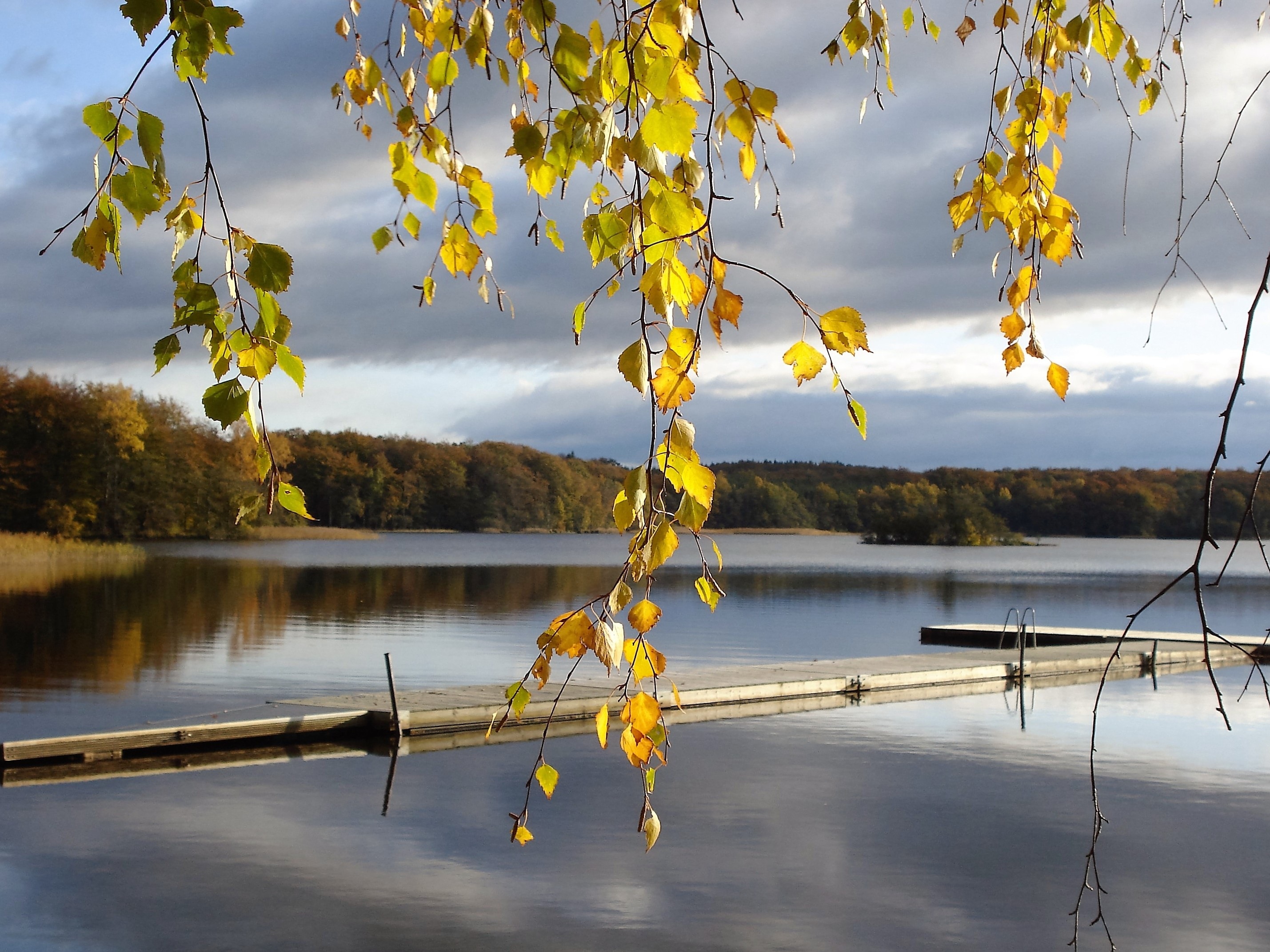 Sweden, Jetty, Autumn, lake, reflection