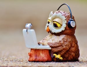 brown owl wearing headphones using laptop computer ceramic figurine thumbnail