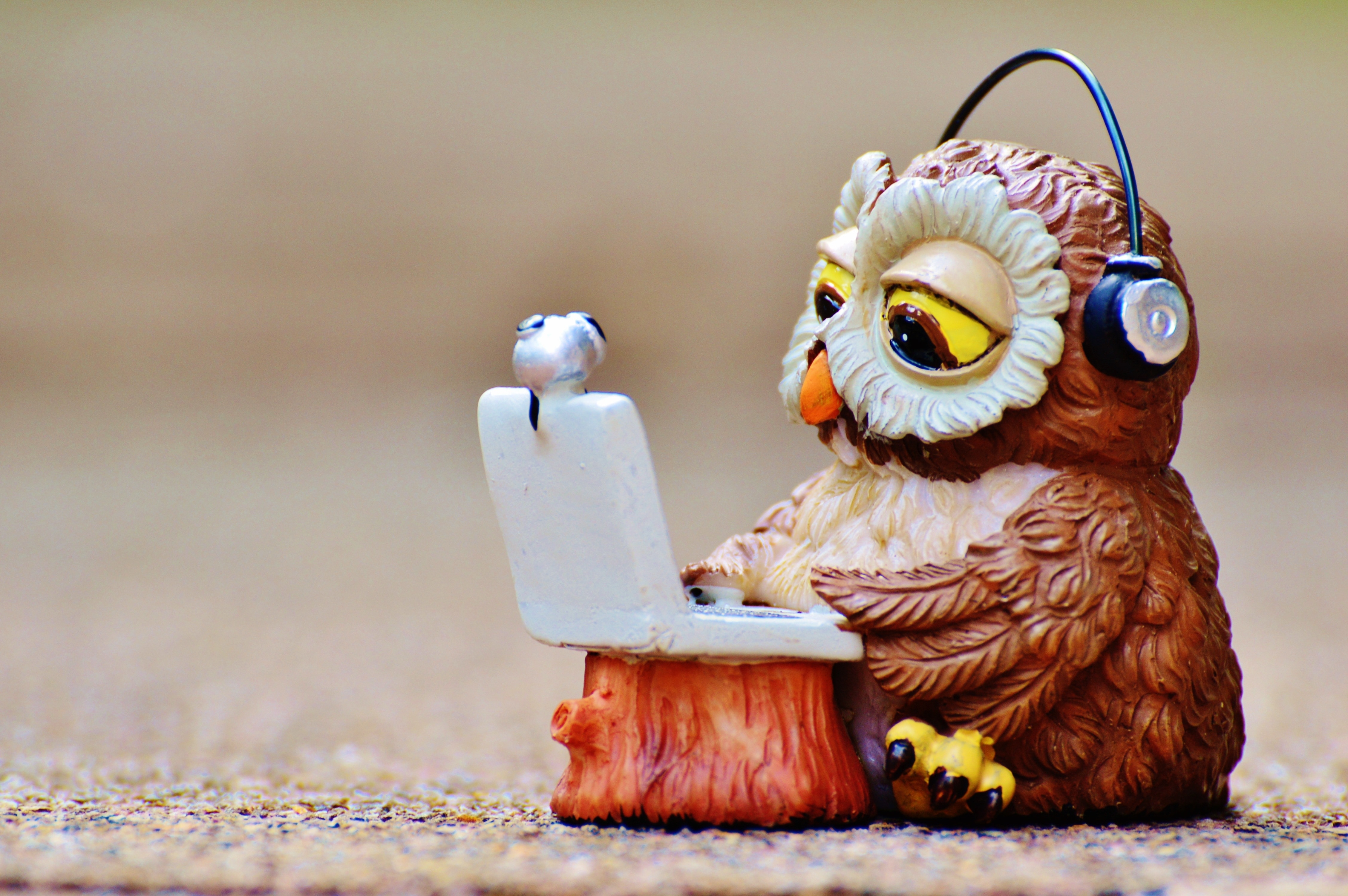 brown owl wearing headphones using laptop computer ceramic figurine