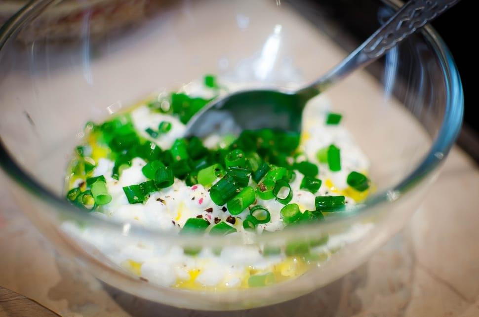 salt and pepper with onion chives  on clear glass bowl preview