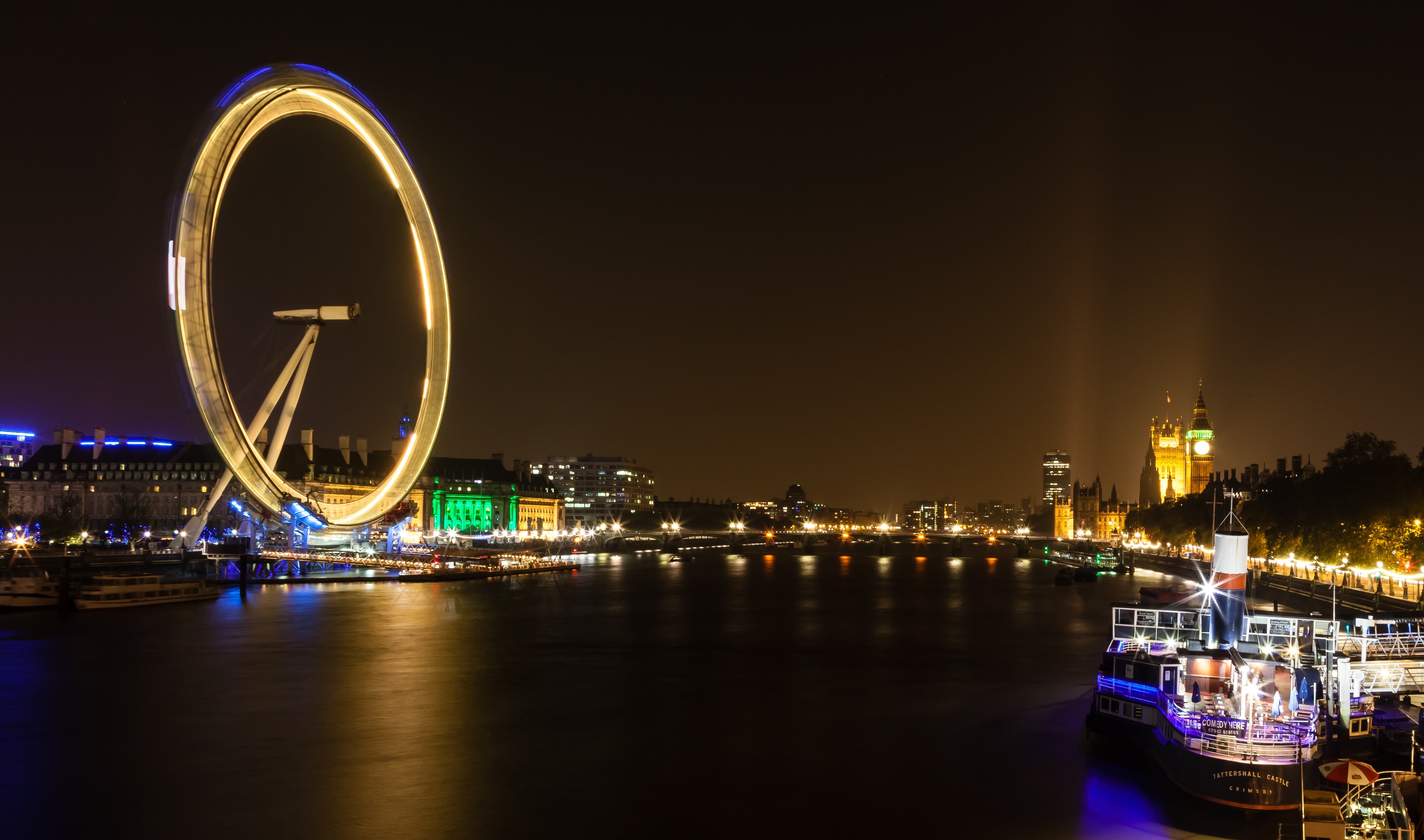 Thames, England, Landmark, London Eye, night, illuminated