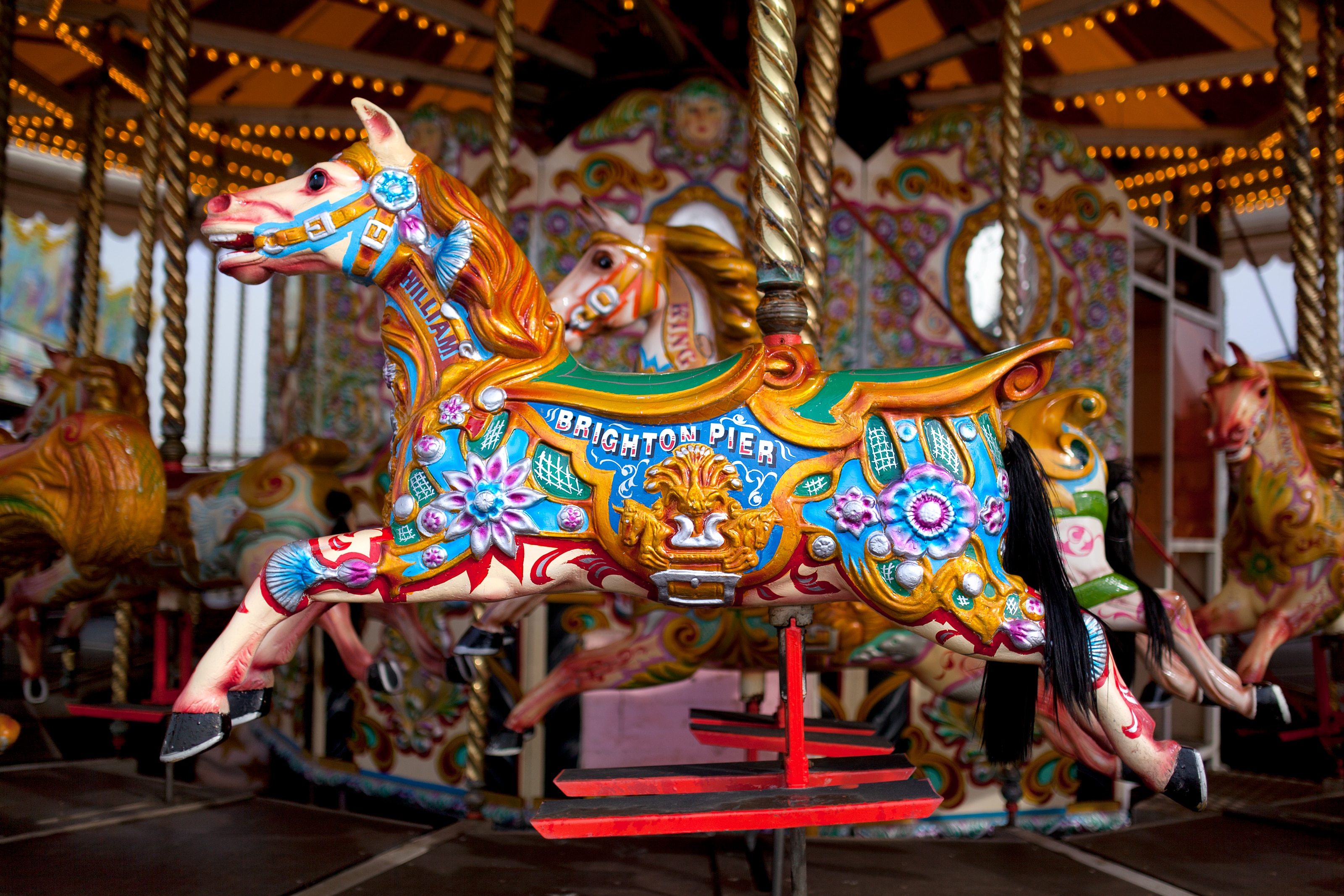 blue, brown and white carousel at daytime