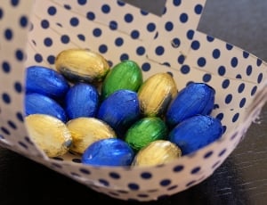 blue green and yellow chocolate eggs thumbnail
