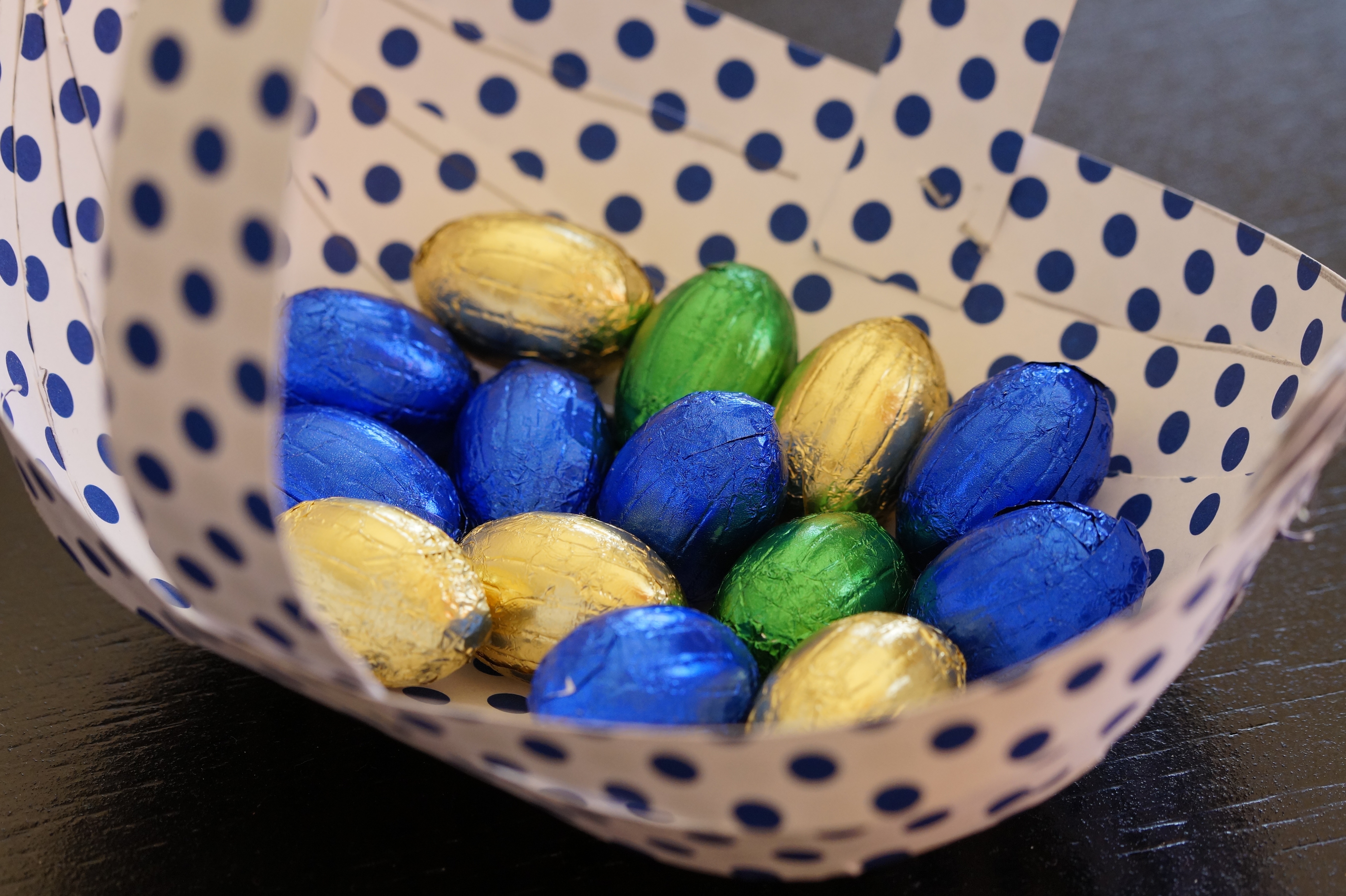 blue green and yellow chocolate eggs