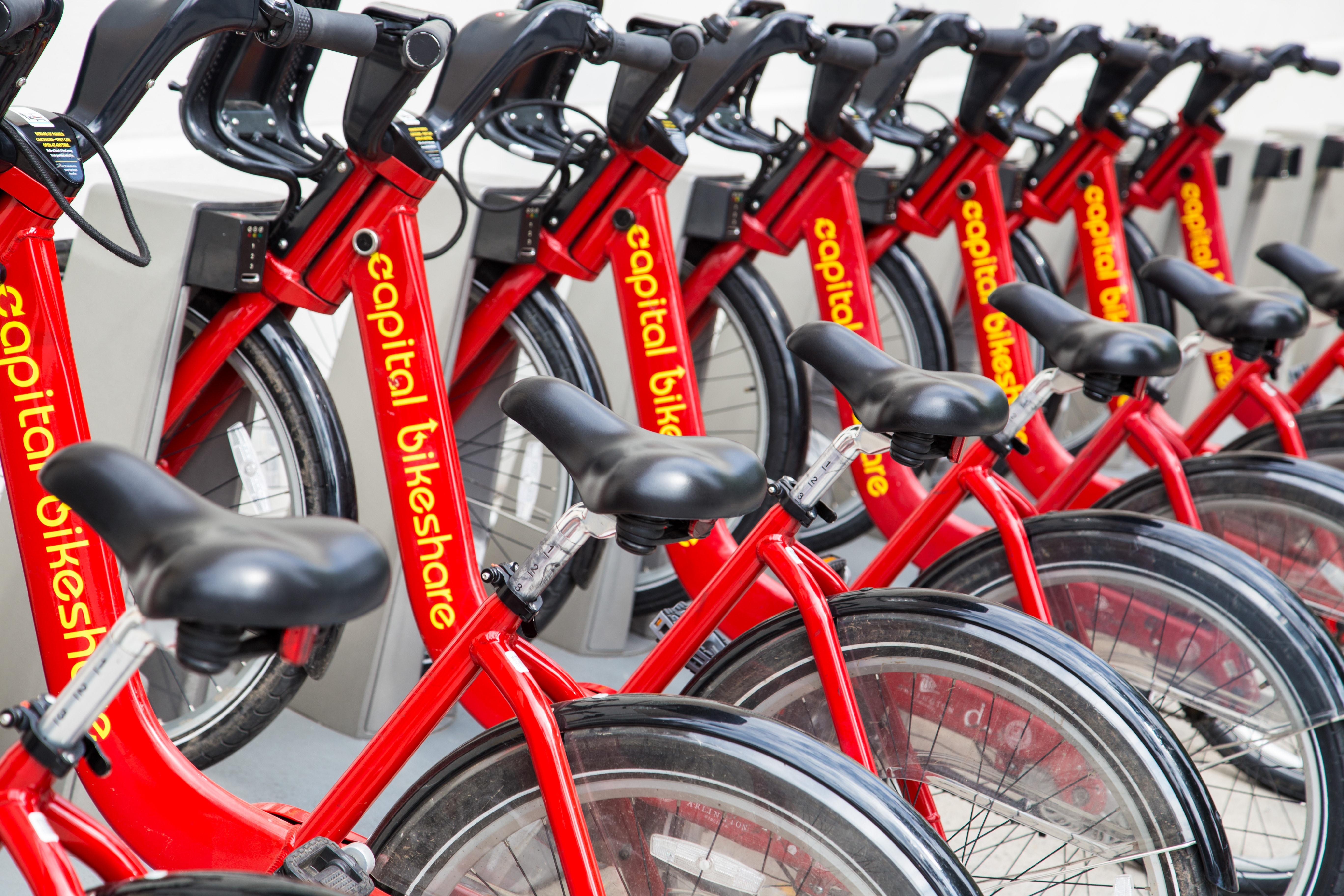 6 red capital bikeshare bicycles