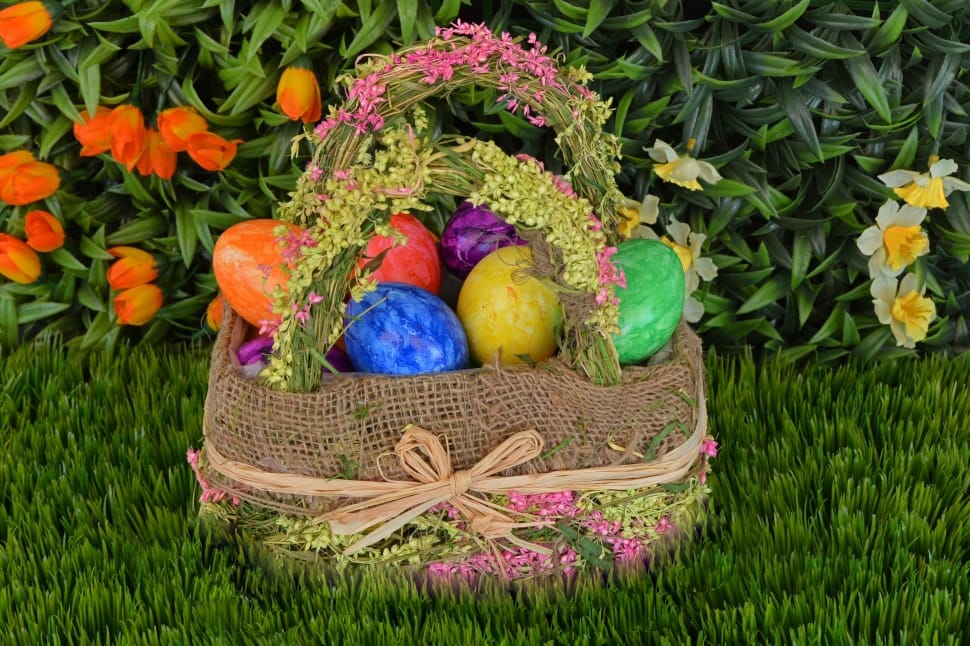 easter eggs in brown floral basket preview