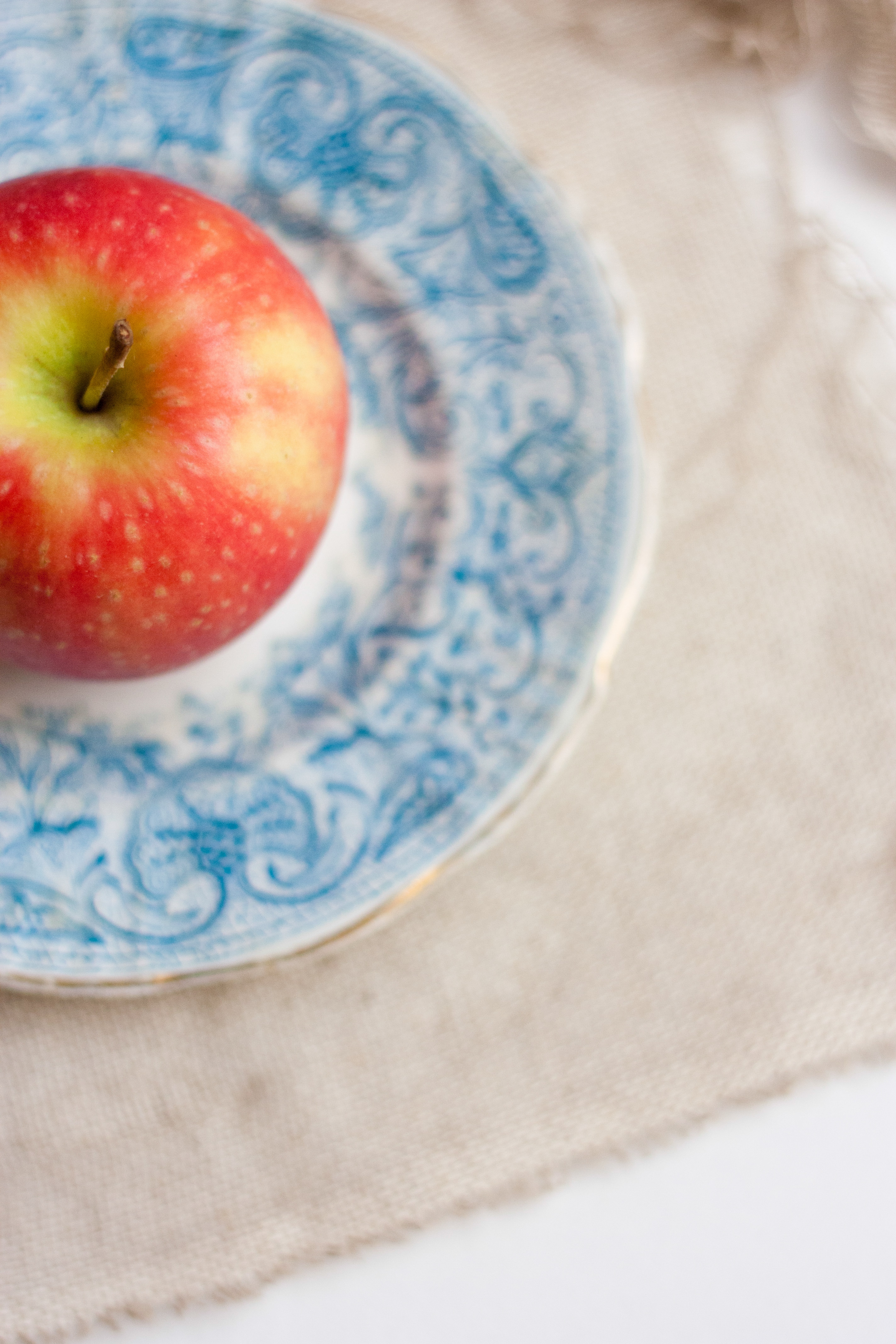 red apple fruit and white and blue ceramic plate
