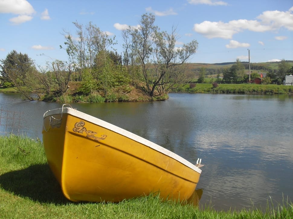yellow and white paddle boat on green grass beside the river preview