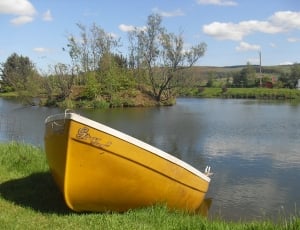 yellow and white paddle boat on green grass beside the river thumbnail