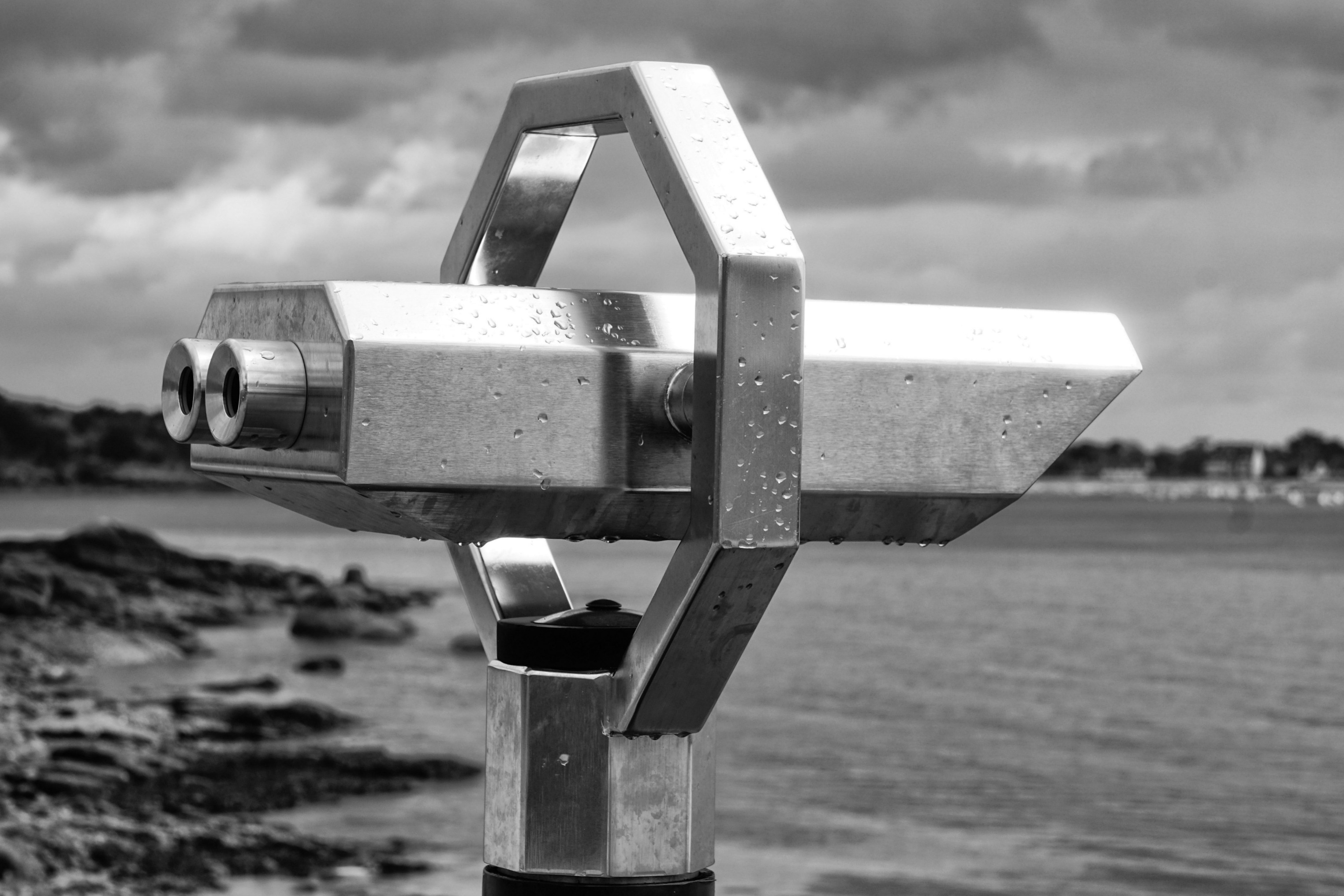 grayscale photo of pedestal binoculars