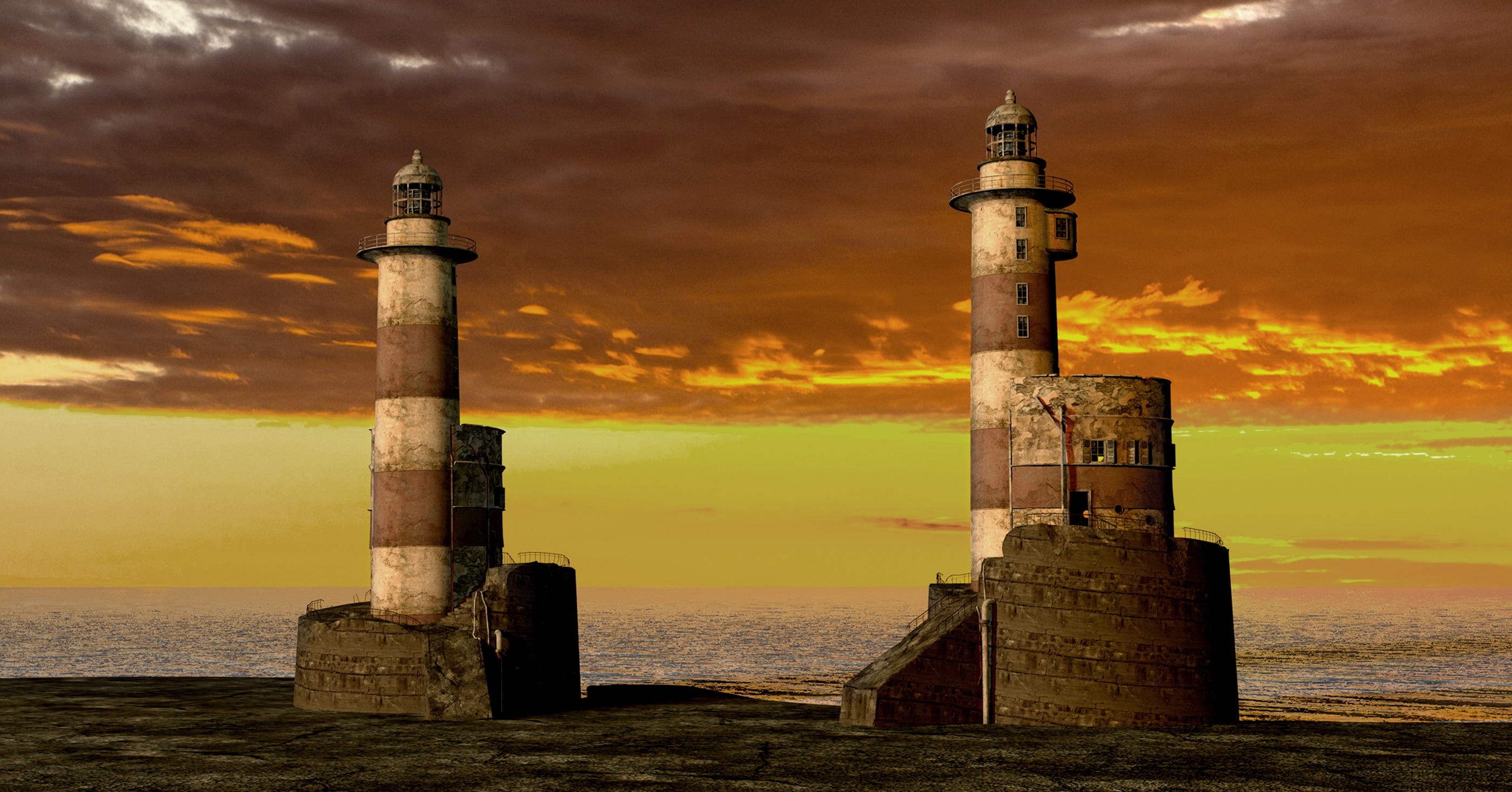 2 brown concrete lighthouse
