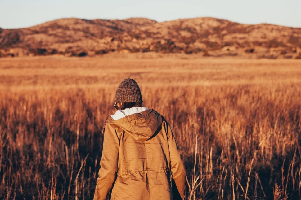 shallow focus photography of person in brown hoodie standing on brown grass field during daytime preview