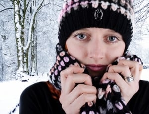 women's pink and black beanie thumbnail