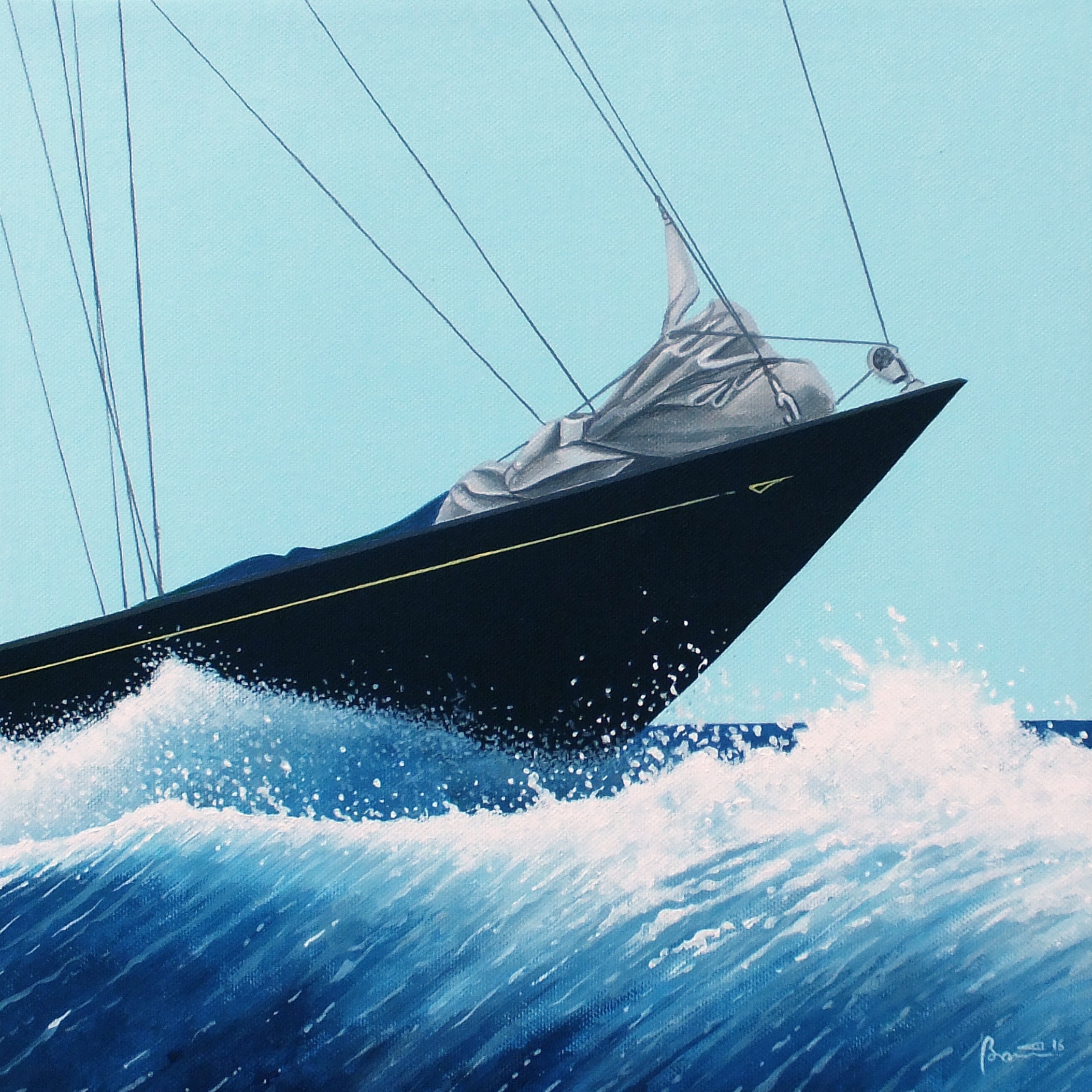 black sailboat sailing in the sea painting