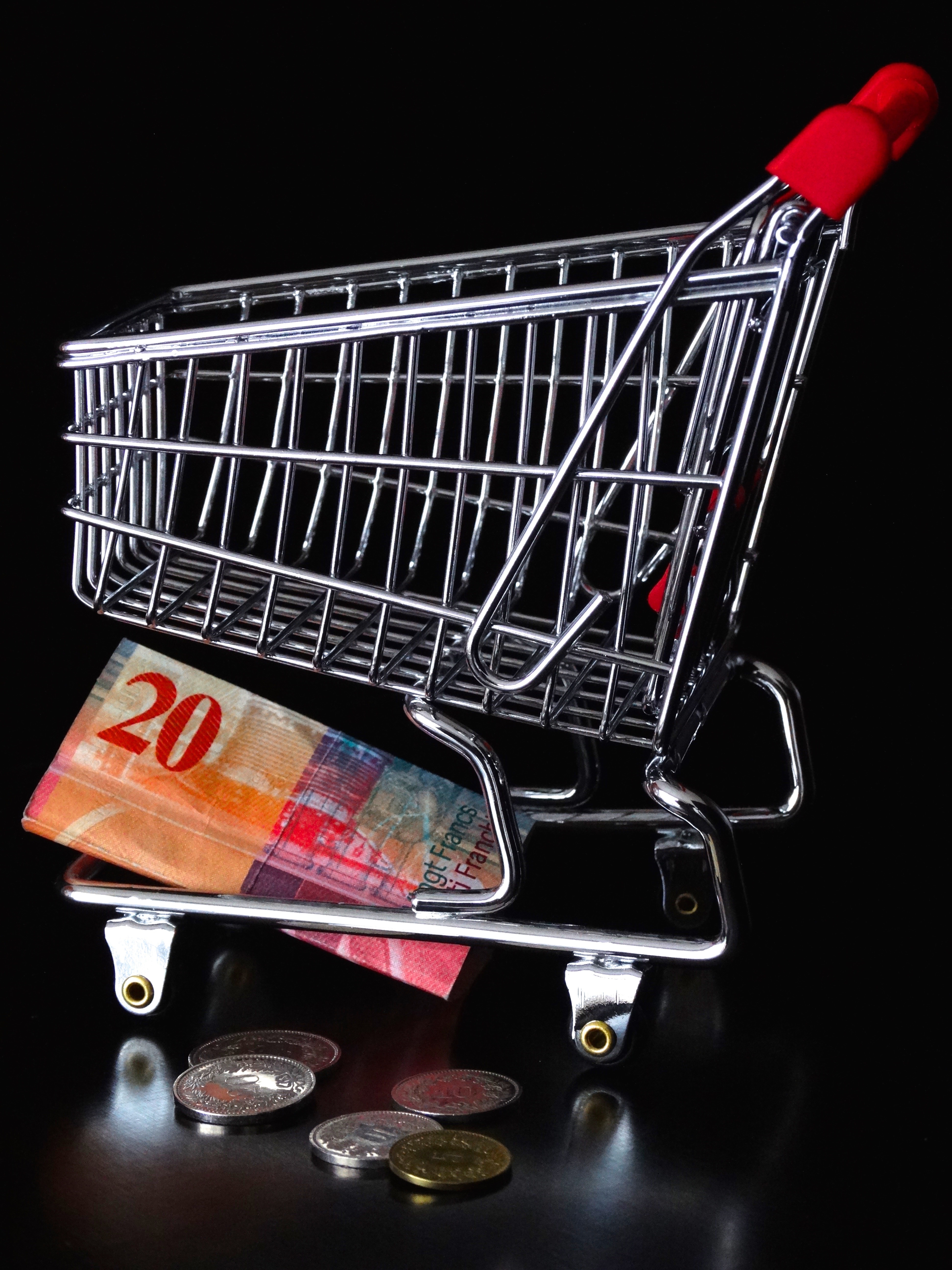stainless steel shopping cart with coins and 20 banknote