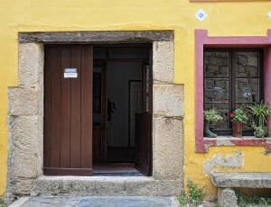 brown door, window, yellow wall thumbnail