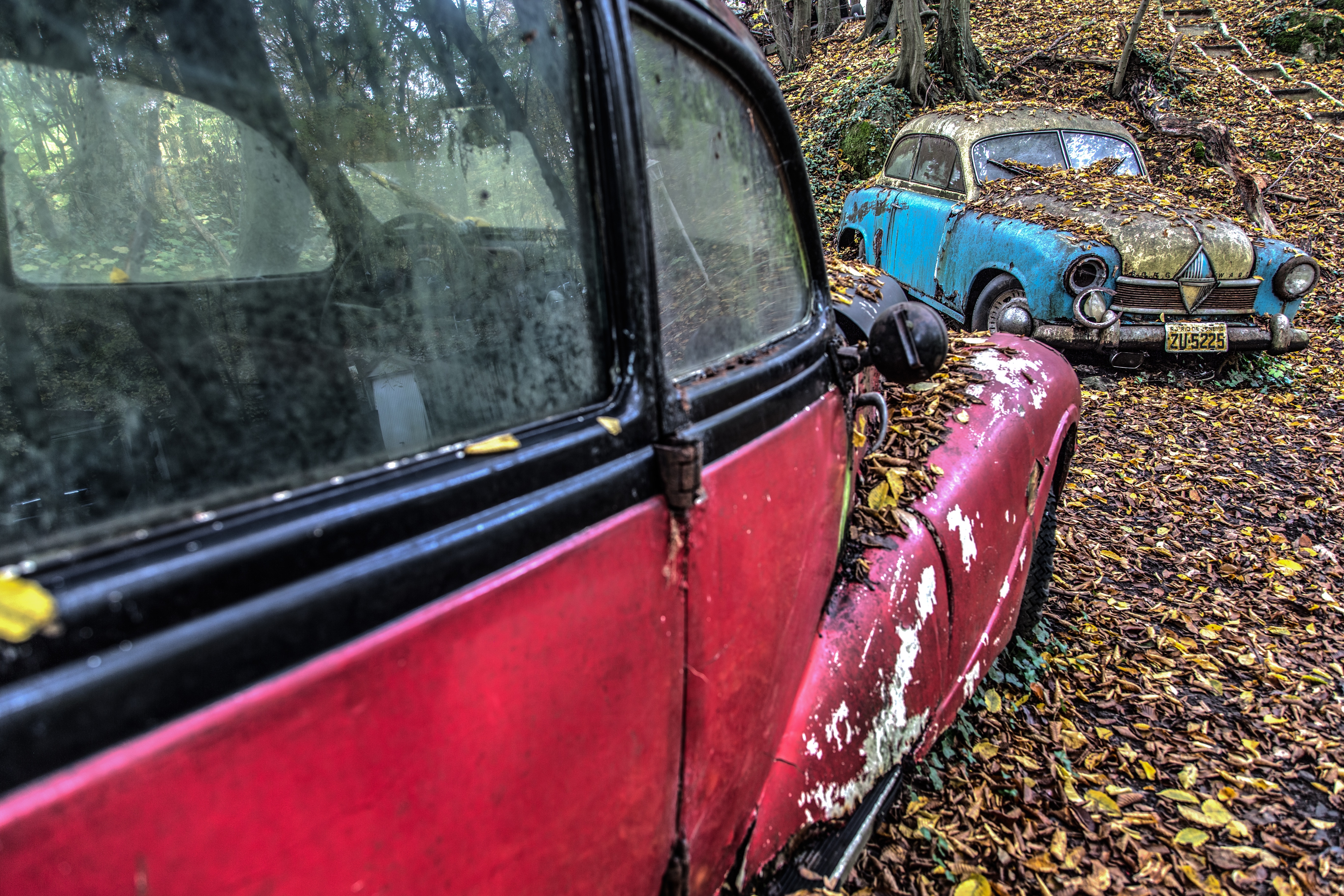 abandoned red and blue cars