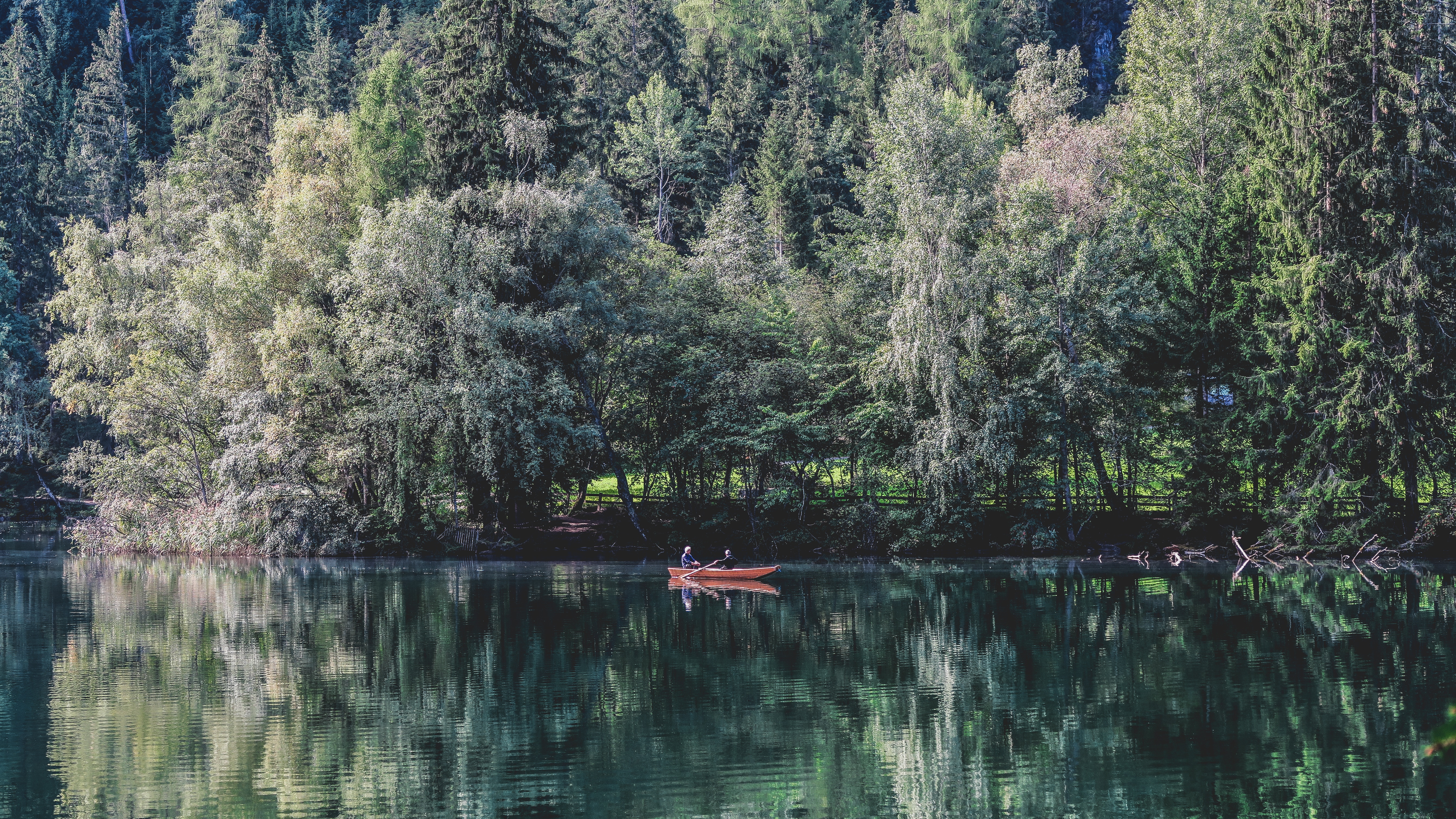 two person on boat on body of water surrounded by trees during daytime