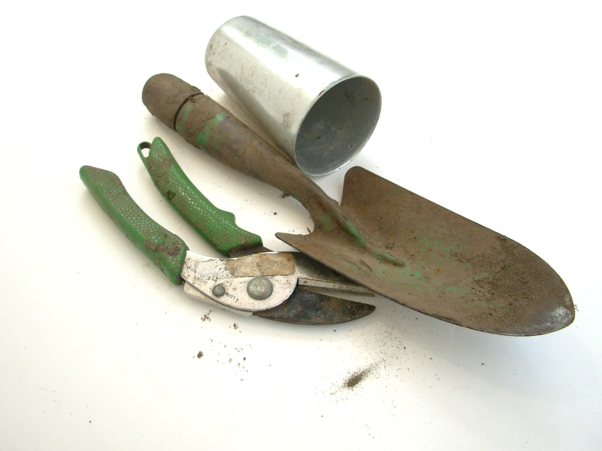 hand trowel; stainless steel cup; and green handled scissors